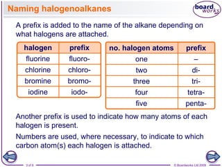3 of 6 © Boardworks Ltd 2009
Naming halogenoalkanes
A prefix is added to the name of the alkane depending on
what halogens are attached.
Another prefix is used to indicate how many atoms of each
halogen is present.
Numbers are used, where necessary, to indicate to which
carbon atom(s) each halogen is attached.
iodo-
bromo-
chloro-
fluoro-
iodine
bromine
chlorine
fluorine
halogen prefix
penta-
tetra-
tri-
di-
–
five
four
three
two
one
prefixno. halogen atoms
 