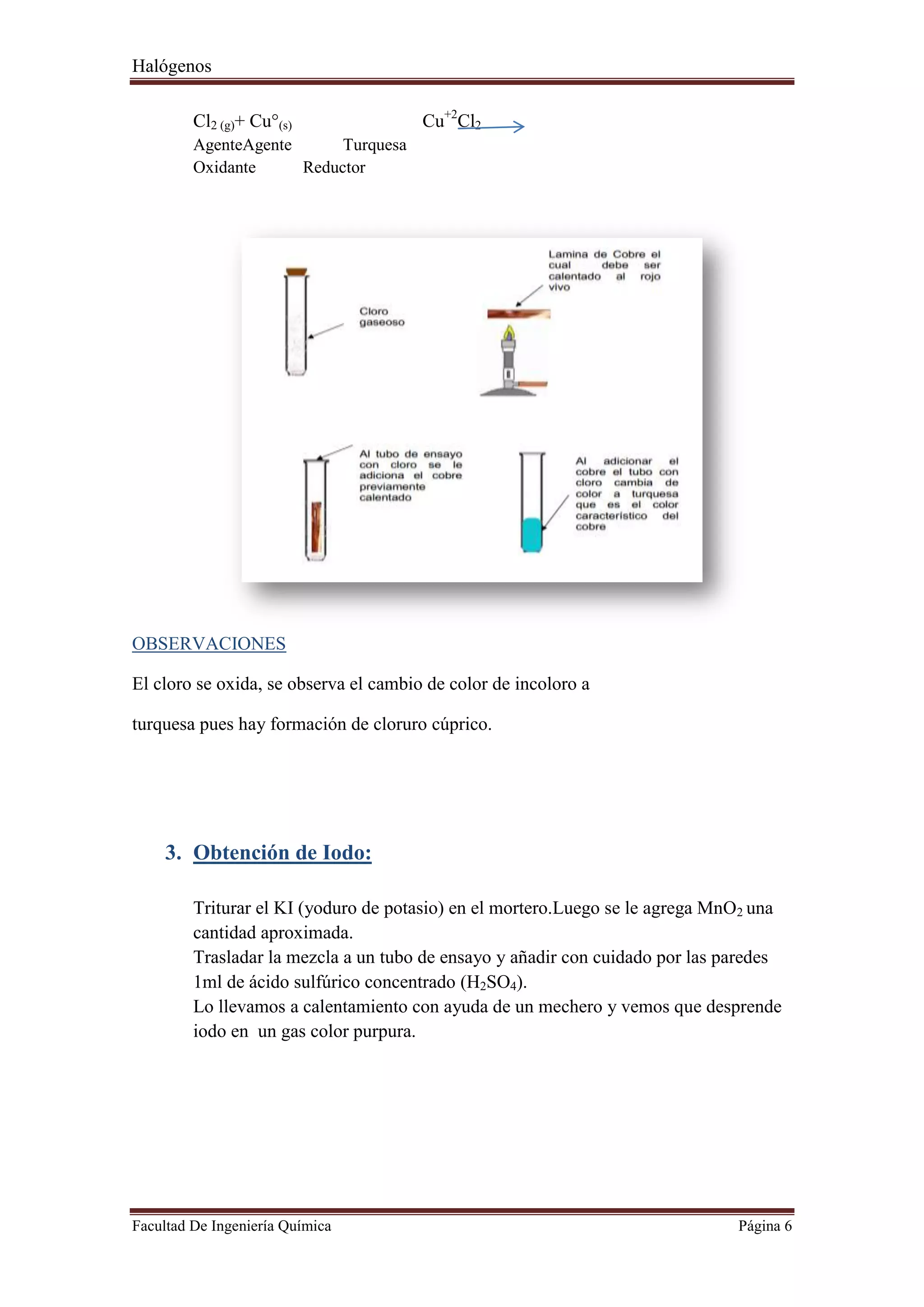 Halógenos
Facultad De Ingeniería Química Página 6
Cl2 (g)+ Cu°(s) Cu+2
Cl2
AgenteAgente Turquesa
Oxidante Reductor
OBSERVACIONES
El cloro se oxida, se observa el cambio de color de incoloro a
turquesa pues hay formación de cloruro cúprico.
3. Obtención de Iodo:
Triturar el KI (yoduro de potasio) en el mortero.Luego se le agrega MnO2 una
cantidad aproximada.
Trasladar la mezcla a un tubo de ensayo y añadir con cuidado por las paredes
1ml de ácido sulfúrico concentrado (H2SO4).
Lo llevamos a calentamiento con ayuda de un mechero y vemos que desprende
iodo en un gas color purpura.
 