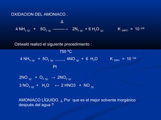 OXIDACION DEL AMONIACO .
Δ
4 NH3 (g) + 5O2 (g) --------→ 2N2 (g) + 6 H2O (g) K 298ºC = 10 228
Ostwald realizó el siguiente procedimiento :
750 ºC
4 NH3 (g) + 5O2 (g) -----------> 4NO (g) + 6 H2O K 298ºc = 10 168
Pt
2NO (g) + O2 (g) → 2NO2 (g)
3 NO2 (g) + H2O ↔ 2 HNO3 + NO (g)
AMONIACO LÍQUIDO. ¿ Por que es el mejor solvente inorgánico
después del agua ?
 