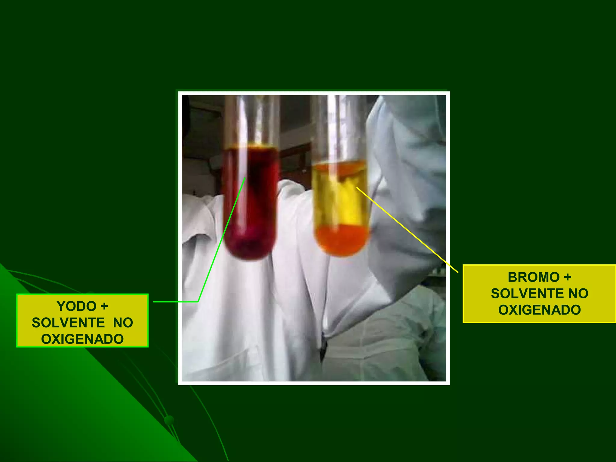 BROMO +
SOLVENTE NO
OXIGENADOYODO +
SOLVENTE NO
OXIGENADO
 
