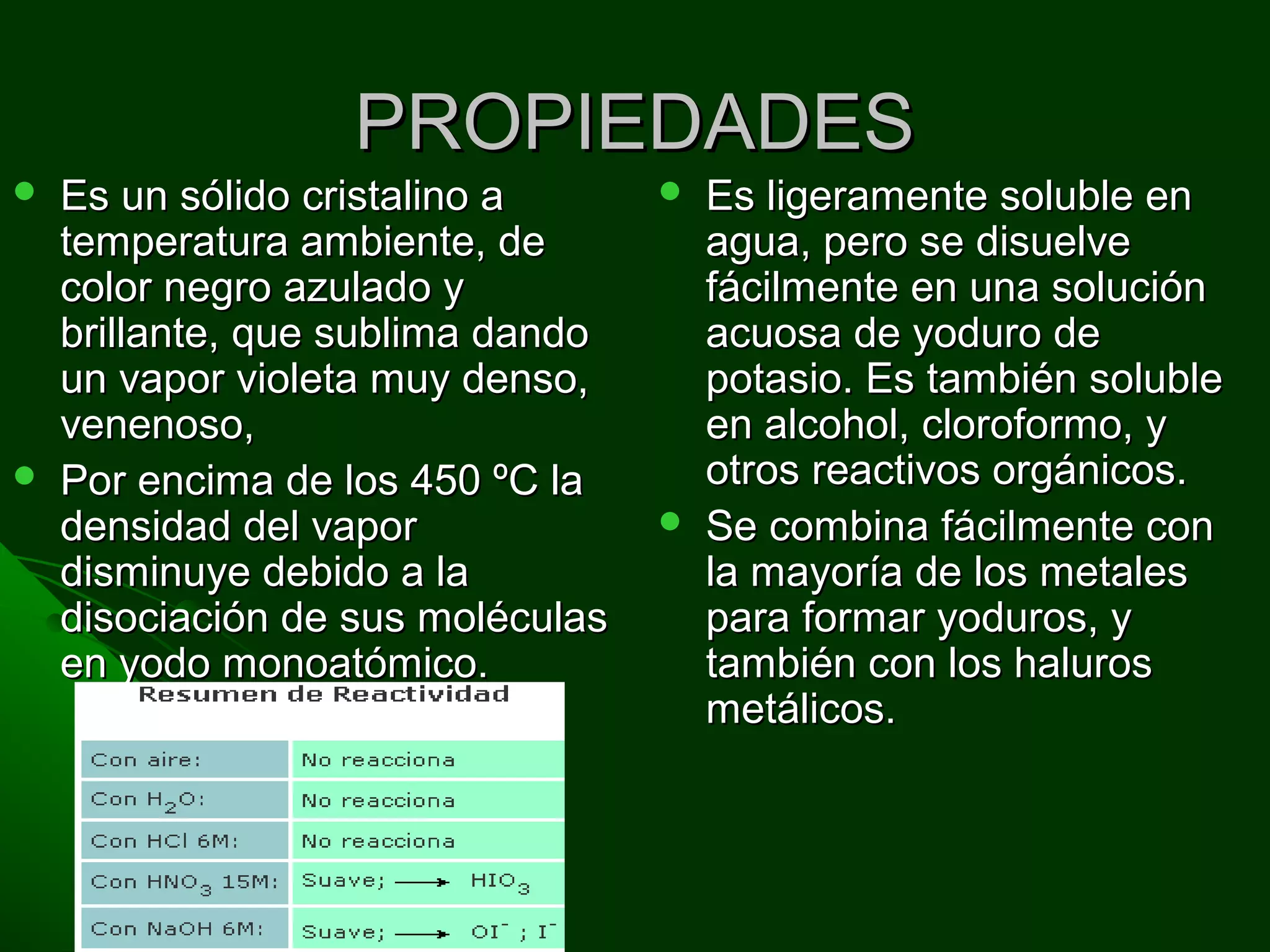 PROPIEDADESPROPIEDADES
 Es un sólido cristalino aEs un sólido cristalino a
temperatura ambiente, detemperatura ambiente, de
color negro azulado ycolor negro azulado y
brillante, que sublima dandobrillante, que sublima dando
un vapor violeta muy denso,un vapor violeta muy denso,
venenoso,venenoso,
 Por encima de los 450 ºC laPor encima de los 450 ºC la
densidad del vapordensidad del vapor
disminuye debido a ladisminuye debido a la
disociación de sus moléculasdisociación de sus moléculas
en yodo monoatómico.en yodo monoatómico.
 Es ligeramente soluble enEs ligeramente soluble en
agua, pero se disuelveagua, pero se disuelve
fácilmente en una soluciónfácilmente en una solución
acuosa de yoduro deacuosa de yoduro de
potasio. Es también solublepotasio. Es también soluble
en alcohol, cloroformo, yen alcohol, cloroformo, y
otros reactivos orgánicos.otros reactivos orgánicos.
 Se combina fácilmente conSe combina fácilmente con
la mayoría de los metalesla mayoría de los metales
para formar yoduros, ypara formar yoduros, y
también con los halurostambién con los haluros
metálicos.metálicos.
 