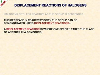 DISPLACEMENT REACTIONS OF HALOGENSDISPLACEMENT REACTIONS OF HALOGENS
HALOGENS GET LESS REACTIVE AS THE GROUP IS DESCENDED
THIS DECREASE IN REACTIVITY DOWN THE GROUP CAN BE
DEMONSTRATED USING DISPLACEMENT REACTIONS...
A DISPLACEMENT REACTION IS WHERE ONE SPECIES TAKES THE PLACE
OF ANOTHER IN A COMPOUND.
 