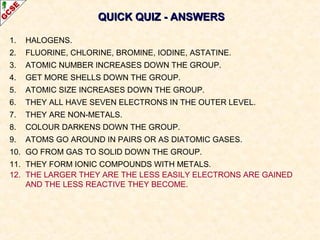 QUICK QUIZ - ANSWERSQUICK QUIZ - ANSWERS
1. HALOGENS.
2. FLUORINE, CHLORINE, BROMINE, IODINE, ASTATINE.
3. ATOMIC NUMBER INCREASES DOWN THE GROUP.
4. GET MORE SHELLS DOWN THE GROUP.
5. ATOMIC SIZE INCREASES DOWN THE GROUP.
6. THEY ALL HAVE SEVEN ELECTRONS IN THE OUTER LEVEL.
7. THEY ARE NON-METALS.
8. COLOUR DARKENS DOWN THE GROUP.
9. ATOMS GO AROUND IN PAIRS OR AS DIATOMIC GASES.
10. GO FROM GAS TO SOLID DOWN THE GROUP.
11. THEY FORM IONIC COMPOUNDS WITH METALS.
12. THE LARGER THEY ARE THE LESS EASILY ELECTRONS ARE GAINED
AND THE LESS REACTIVE THEY BECOME.
 