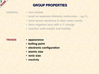 GROUP PROPERTIESGROUP PROPERTIES
GENERAL • non-metals
• exist as separate diatomic molecules… eg Cl2
• have seven electrons in their outer shells
• form negative ions with a 1- charge
• reaction with metals and halides
TRENDS • appearance
• boiling point
• electronic configuration
• atomic size
• ionic size
• reactivity
 