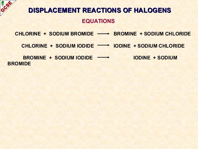 halogens chlorine and sodium iodide react to form iodine and sodium chloride