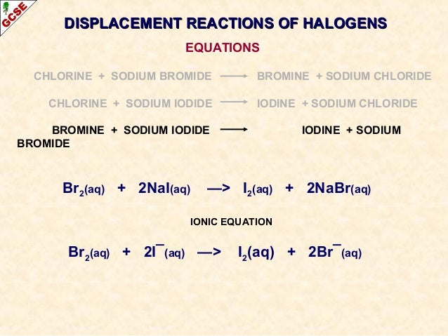 halogens chlorine and sodium iodide react to form iodine and sodium chloride