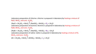 Laboratory preparation of chlorine: chlorine is prepared in laboratory by heating a mixture of
NaCl, MnO2, and conc. H2SO4
2NaCl + 3H2SO4 + MnO2
∆
2NaHSO4 + MnSO4 + Cl2 + 2H2O
Laboratory preparation of bromine: Bromine is prepared in laboratory by heating a mixture of
NaBr, MnO2, and conc. H2SO4
2NaBr + 3H2SO4 + MnO2
∆
2NaHSO4 + MnSO4 + Br2 + 2H2O
Laboratory preparation of iodine: Iodine is prepared in laboratory by heating a mixture of KI,
MnO2, and conc. H2SO4
2KI + 3H2SO4 + MnO2
∆
2KHSO4 + MnSO4 + I2 + 2H2O
 