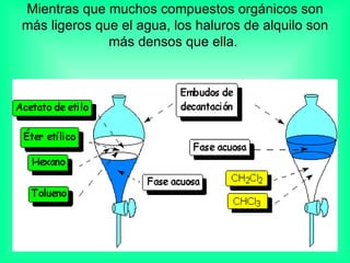 Mientras que muchos compuestos orgánicos son más ligeros que el agua, los haluros de alquilo son más densos que ella.  