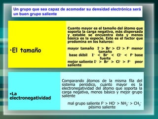 Un grupo que sea capaz de acomodar su densidad electrónica será
un buen grupo saliente
•El tamaño
Cuanto mayor es el tamaño del átomo que
soporta la carga negativa, más dispersada
y estable se encuentra ésta y menos
básica es la especie. Este es el factor que
predomina en los haluros:
mayor tamaño I- > Br- > Cl- > F- menor
tamaño
base débil I- < Br- < Cl- < F- base
fuerte
mejor saliente I- > Br- > Cl- > F- peor
saliente
•La
electronegatividad
Comparando átomos de la misma fila del
sistema periódico, cuanto mayor es la
electronegatividad del átomo que soporta la
carga negativa, menos básico y mejor grupo
saliente
mal grupo saliente F- > HO- > NH2
- > CH3
-
pésimo saliente
 