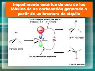 Impedimento estérico de uno de los
lóbulos de un carbocatión generado a
partir de un bromuro de alquilo
 
