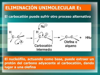 ELIMINACIÓN UNIMOLECULAR E1
El carbocatión puede sufrir otro proceso alternativo
El nucleófilo, actuando como base, puede extraer un
protón del carbono adyacente al carbocatión, dando
lugar a una olefina
 