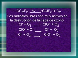 CCl2F2
.CClF2 + O2
Los radicales libres son muy activos en
la destrucción de la capa de ozono:
Cl. + O3 ClO. + O2
ClO. + O . Cl. + O2
Cl. + O3 ClO. + O2
h
 