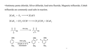 16
•Antimony penta chloride, Silver difluride, lead tetra fluoride, Magnetic trifluoride, Cobalt
trifluoride are commonly used salts in reaction.
2CoF2 + F2 2CoF3
2CoF3 + CF2=CClF CF3CClF2 + 2CoF2
 
