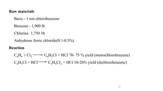 23
Raw materials
Basis - 1 ton chlorobenzene
Benzene - 1,900 lb
Chlorine- 1,750 1b
Anhydrous ferric chloride(0.1-0.5%)
Reaction
C6H6 + Cl2 C6H5CI + HCI 70- 75 % yield (monochlorobenzene)
C6H5CI + HCI C6H4CI2 + HCl 10-20% yield (dichlorobenzene)
 