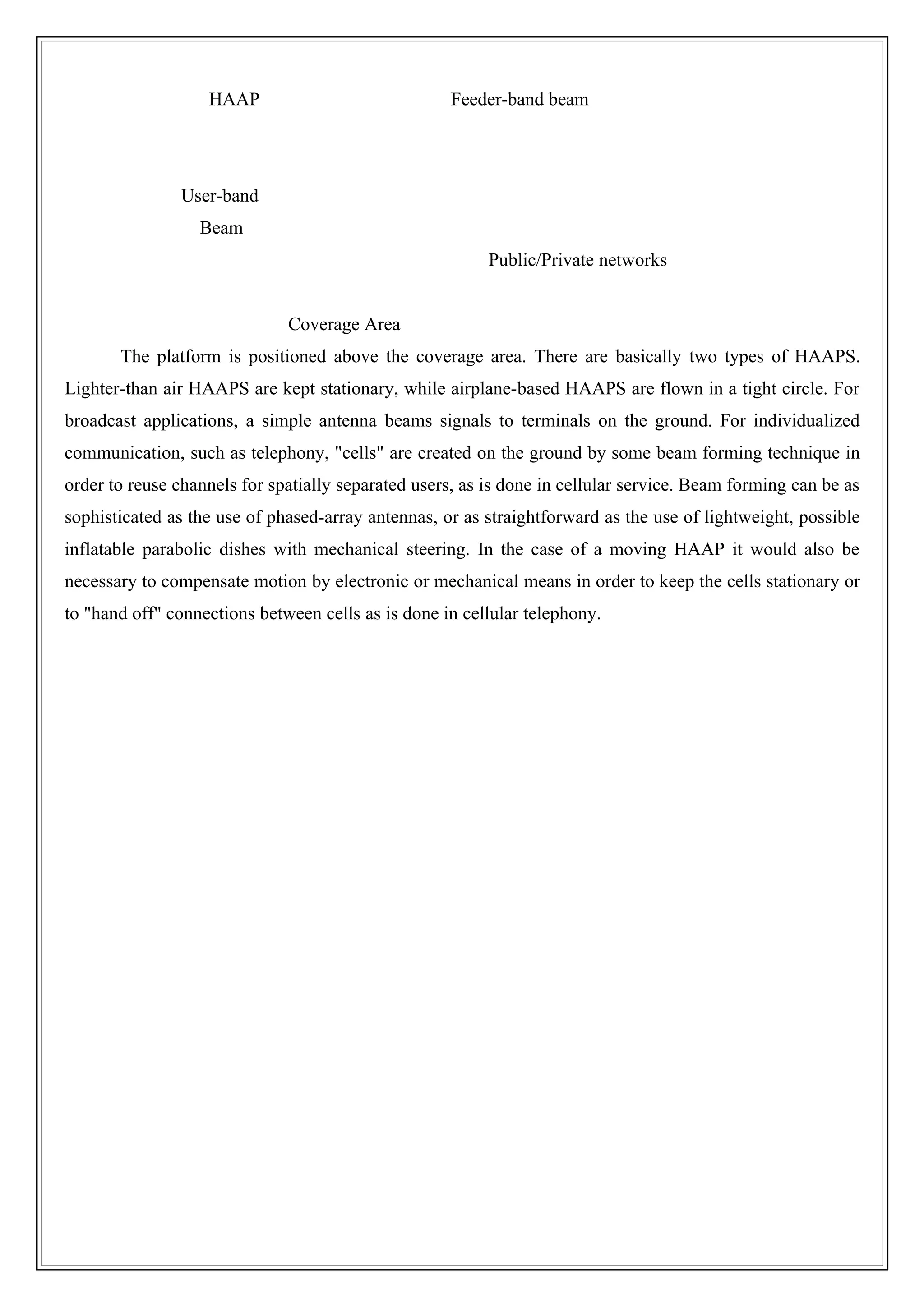 HAAP                             Feeder-band beam




               User-band
                  Beam
                                                          Public/Private networks


                              Coverage Area
       The platform is positioned above the coverage area. There are basically two types of HAAPS.
Lighter-than air HAAPS are kept stationary, while airplane-based HAAPS are flown in a tight circle. For
broadcast applications, a simple antenna beams signals to terminals on the ground. For individualized
communication, such as telephony, "cells" are created on the ground by some beam forming technique in
order to reuse channels for spatially separated users, as is done in cellular service. Beam forming can be as
sophisticated as the use of phased-array antennas, or as straightforward as the use of lightweight, possible
inflatable parabolic dishes with mechanical steering. In the case of a moving HAAP it would also be
necessary to compensate motion by electronic or mechanical means in order to keep the cells stationary or
to "hand off" connections between cells as is done in cellular telephony.
 