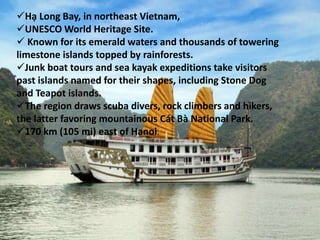 Hạ Long Bay, in northeast Vietnam,
UNESCO World Heritage Site.
 Known for its emerald waters and thousands of towering
limestone islands topped by rainforests.
Junk boat tours and sea kayak expeditions take visitors
past islands named for their shapes, including Stone Dog
and Teapot islands.
The region draws scuba divers, rock climbers and hikers,
the latter favoring mountainous Cát Bà National Park.
170 km (105 mi) east of Hanoi.
 