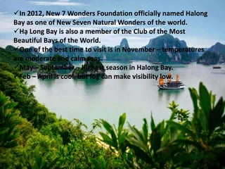 In 2012, New 7 Wonders Foundation officially named Halong
Bay as one of New Seven Natural Wonders of the world.
Hạ Long Bay is also a member of the Club of the Most
Beautiful Bays of the World.
One of the best time to visit is in November – temperatures
are moderate and calm seas.
May – September – highest season in Halong Bay.
Feb – April is cool, but fog can make visibility low.
 