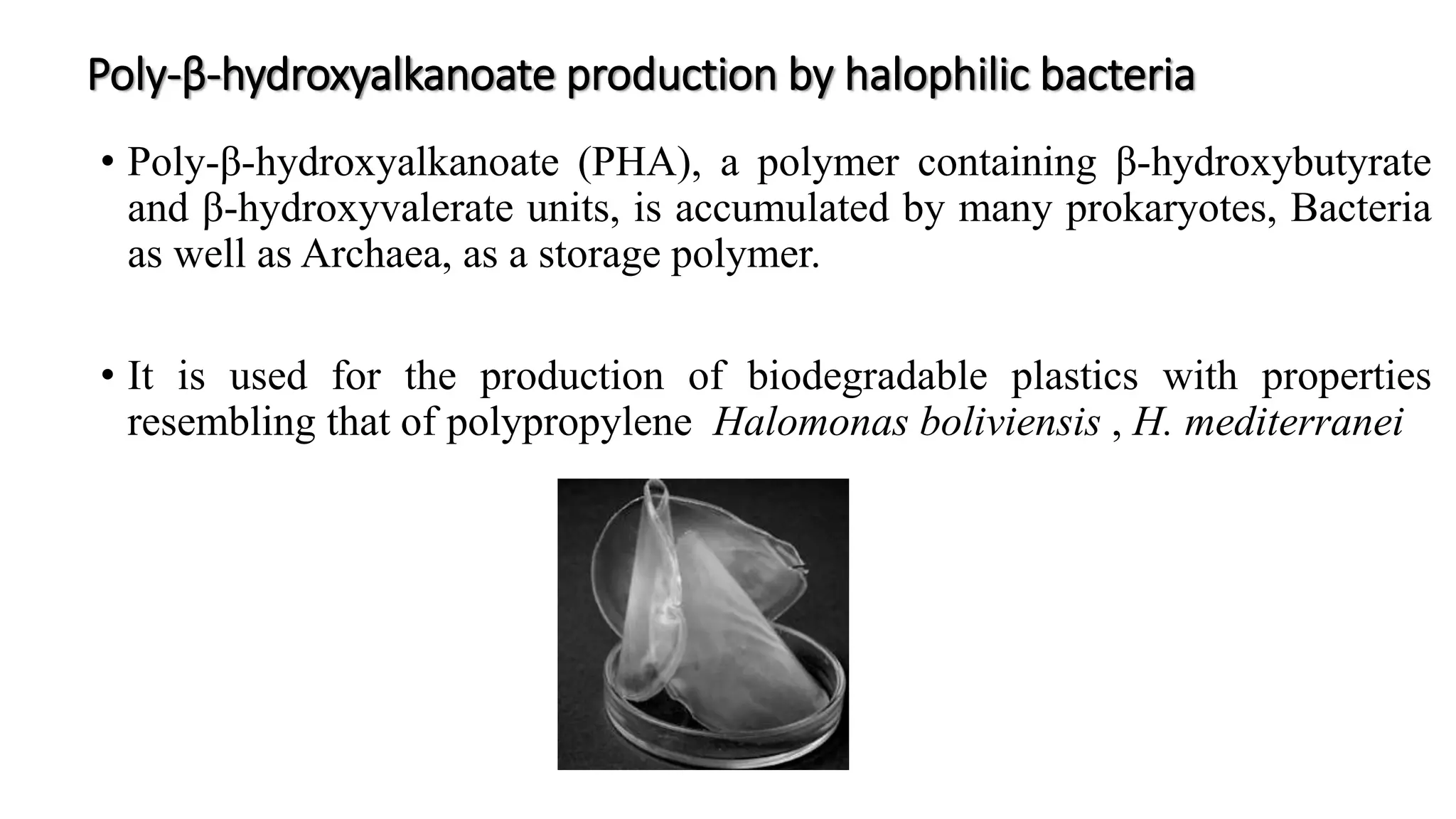 Poly-β-hydroxyalkanoate production by halophilic bacteria
• Poly-β-hydroxyalkanoate (PHA), a polymer containing β-hydroxybutyrate
and β-hydroxyvalerate units, is accumulated by many prokaryotes, Bacteria
as well as Archaea, as a storage polymer.
• It is used for the production of biodegradable plastics with properties
resembling that of polypropylene Halomonas boliviensis , H. mediterranei
 