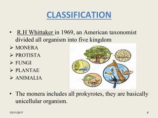 CLASSIFICATION
• R.H Whittaker in 1969, an American taxonomist
divided all organism into five kingdom
 MONERA
 PROTISTA
 FUNGI
 PLANTAE
 ANIMALIA
• The monera includes all prokyrotes, they are basically
unicellular organism.
1O/11/2017 6
 