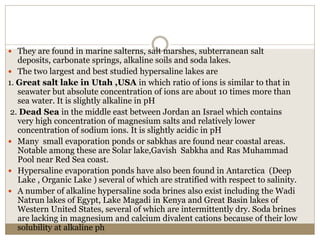  They are found in marine salterns, salt marshes, subterranean salt
deposits, carbonate springs, alkaline soils and soda lakes.
 The two largest and best studied hypersaline lakes are
1. Great salt lake in Utah ,USA in which ratio of ions is similar to that in
seawater but absolute concentration of ions are about 10 times more than
sea water. It is slightly alkaline in pH
2. Dead Sea in the middle east between Jordan an Israel which contains
very high concentration of magnesium salts and relatively lower
concentration of sodium ions. It is slightly acidic in pH
 Many small evaporation ponds or sabkhas are found near coastal areas.
Notable among these are Solar lake,Gavish Sabkha and Ras Muhammad
Pool near Red Sea coast.
 Hypersaline evaporation ponds have also been found in Antarctica (Deep
Lake , Organic Lake ) several of which are stratified with respect to salinity.
 A number of alkaline hypersaline soda brines also exist including the Wadi
Natrun lakes of Egypt, Lake Magadi in Kenya and Great Basin lakes of
Western United States, several of which are intermittently dry. Soda brines
are lacking in magnesium and calcium divalent cations because of their low
solubility at alkaline ph
 