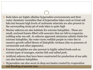 Soda lakes are highly alkaline hypersaline environments and their
water chemistry resembles that of hypersaline lakes such as Great salt
lake but because high levels of carbonate minerals are also present in
the surrounding strata ph of soda lakes is quite high
 Marine salterns are also habitats for extreme halophiles . These are
small, enclosed basins filled with seawater that are left to evaporate,
yeilding solar sea salt. As salterns approach minimum salinity limits for
extreme halophiles, the water turns reddish purple in color due to
massive growth called bloom of Halophilic Archaea (due to presence of
carotenoids and other pigments).
 Extreme halophiles are also present in highly salted foods such as
certain types of sausages, marine fish and salted pork.
 Artificial salterns that have been constructed for production of sea salts
can also harbour halophiles.
 Hypersaline can also occur in deep sea basins created by evaporation
and flooding of ancient seas.
 