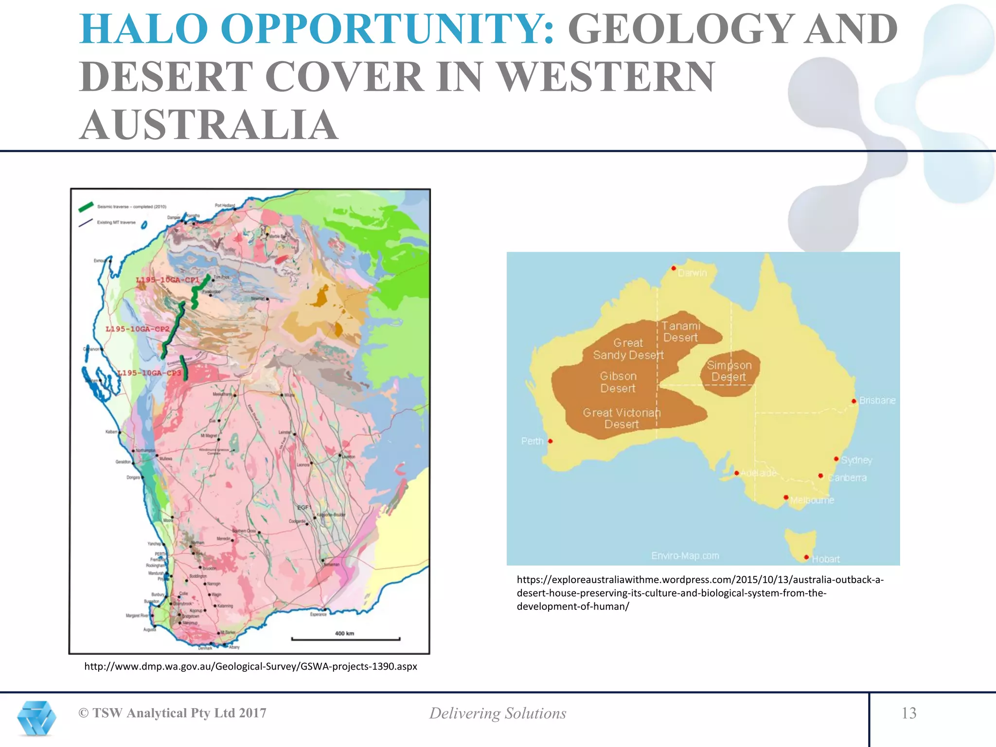 HALO OPPORTUNITY: GEOLOGY AND
DESERT COVER IN WESTERN
AUSTRALIA
© TSW Analytical Pty Ltd 2017 Delivering Solutions 13
https://exploreaustraliawithme.wordpress.com/2015/10/13/australia-outback-a-
desert-house-preserving-its-culture-and-biological-system-from-the-
development-of-human/
http://www.dmp.wa.gov.au/Geological-Survey/GSWA-projects-1390.aspx
 