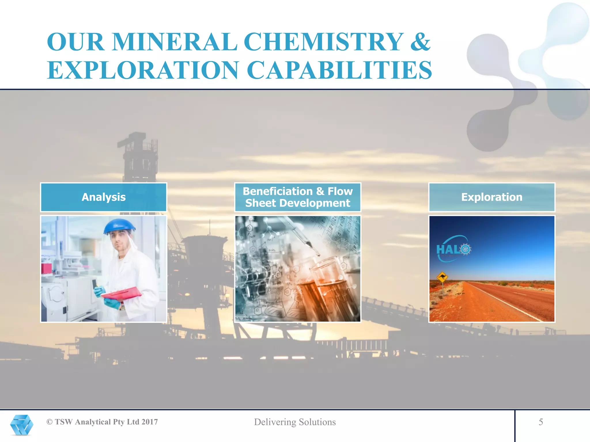 OUR MINERAL CHEMISTRY &
EXPLORATION CAPABILITIES
© TSW Analytical Pty Ltd 2017 Delivering Solutions 5
Analysis
Beneficiation & Flow
Sheet Development
Exploration
 
