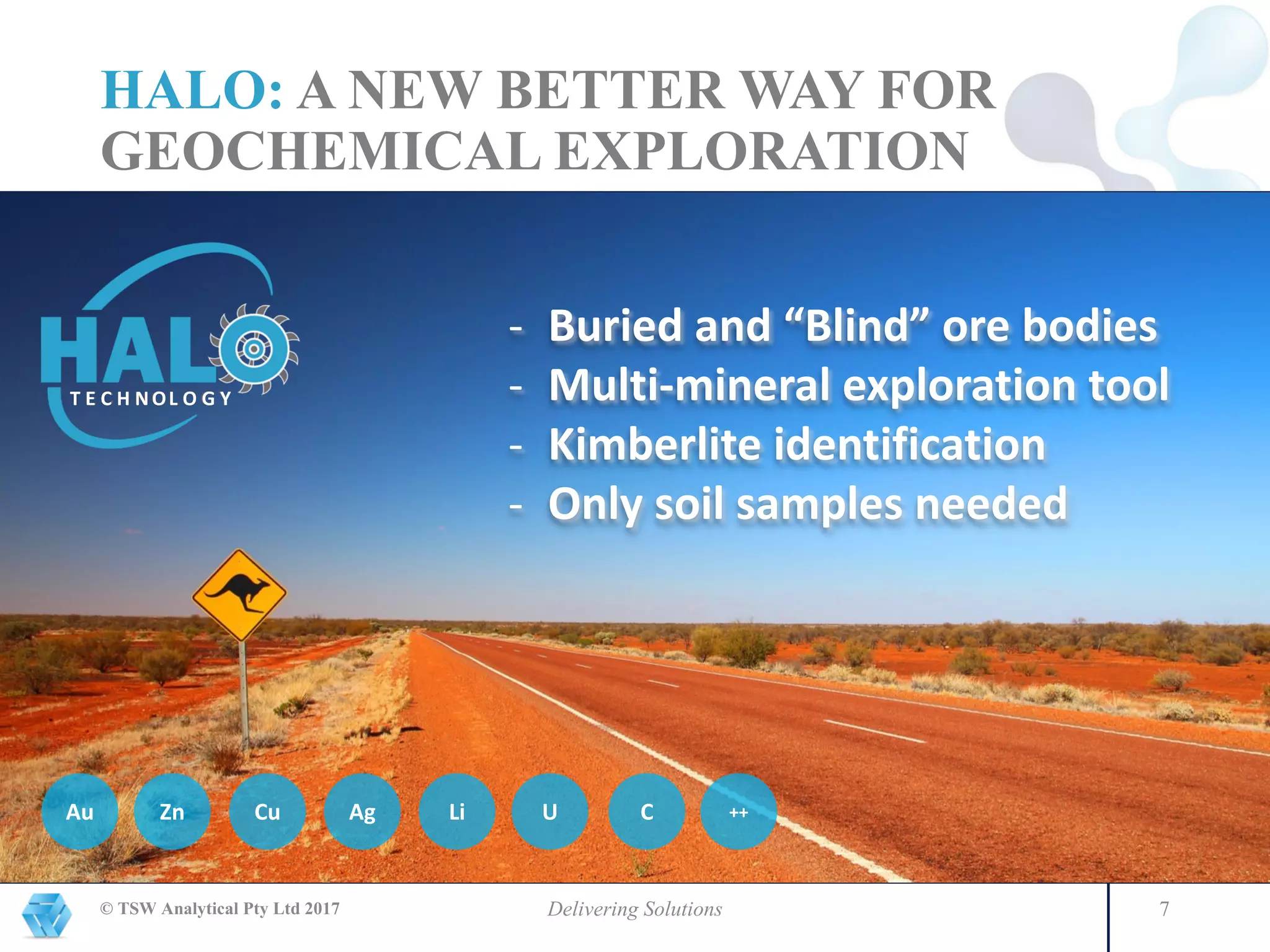 HALO: A NEW BETTER WAY FOR
GEOCHEMICAL EXPLORATION
© TSW Analytical Pty Ltd 2017 Delivering Solutions 7
Au Zn Cu Ag ULi ++C
- Buried	and	“Blind”	ore	bodies
- Multi-mineral	exploration	tool
- Kimberlite	identification
- Only	soil	samples	needed
T	E	C	H	N	OL	O	G	Y
 