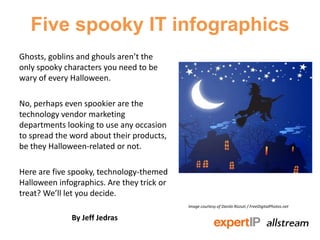 Five spooky IT infographics
Ghosts, goblins and ghouls aren’t the
only spooky characters you need to be
wary of every Halloween.

No, perhaps even spookier are the
technology vendor marketing
departments looking to use any occasion
to spread the word about their products,
be they Halloween-related or not.

Here are five spooky, technology-themed
Halloween infographics. Are they trick or
treat? We’ll let you decide.
                                            Image courtesy of Danilo Rizzuti / FreeDigitalPhotos.net

              By Jeff Jedras
 