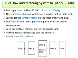 Fuel Flow And Metering System In Sukhoi 30 MKI
 Fuel capacity of Sukhoi 30 MKI: 12 ton or 12000Kg
 There are 5 fuel tanks of which one is service tank or main tank.
 Service tank is centrally located is the most important one.
 Fuel from all other tanks pass through service tank before
consumption.
 So in the end fuel remains only in the service tank.
 All the 5 tanks are so placed that the aircraft is
aerodynamically balanced.
TANK 1 TANK 2
TANK 3
SERVICE
TANK
TANK 4 TANK 5
11
 