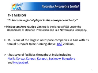 “To become a global player in the aerospace industry”
> Hindustan Aeronautics Limited is the largest PSU under the
Department of Defence Production and is a Navaratana Company.
> HAL is one of the largest aerospace companies in Asia with its
annual turnover to be running above US$ 2 billion.
> It has several facilities throughout India including
Nasik, Korwa, Kanpur, Koraput, Lucknow, Bangalore
and Hyderabad.
THE MISSION
2
 