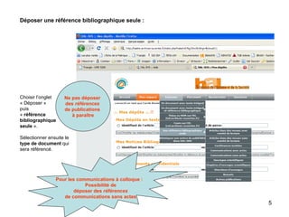 Déposer une référence bibliographique seule : Choisir l’onglet « Déposer »  puis  «  référence bibliographique seule  ». Sélectionner ensuite le  type de document  qui sera référencé. Pour les communications à colloque :  Possibilité de déposer des  références de communications sans actes Ne pas déposer  des  références  de publications  à paraître 