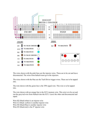 The wires shown with the pink lines are the injector wires. These are to be cut and leave
disconnected. The wires from haltech must go to the injectors.

The wires shown with the blue are the Tach Driver trigger wires. These are to be tapped
into.

The wire shown with the green line is the TPS signal wire. This wire is to be tapped
into.

The wire shown with an orange line is the ECU memory wire. This wire is to be cut and
run the grey/red wire from Haltech into the ECU. Leave the other end disconnected and
taped.

Wire B2 (black/white) is an injector wire
Wire C2 (black /yellow) is another injector wire
Wire D2 (black/blue) is another injector wire
Wire D3 (black/red) is the 4th injector wire
 
