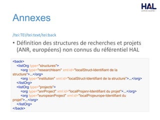 Annexes
/tei:TEI/tei:text/tei:back
• Définition des structures de recherches et projets
(ANR, européens) non connus du référentiel HAL
<back>
<listOrg type="structures">
<org type="researchteam" xml:id="localStruct-Identifiant de la
structure">...</org>
<org type="institution" xml:id="localStruct-Identifiant de la structure">...</org>
</listOrg>
<listOrg type="projects">
<org type="anrProject" xml:id="localProjanr-Identifiant du projet">...</org>
<org type="europeanProject" xml:id="localProjeurope-Identifiant du
projet">...</org>
</listOrg>
</back>
 