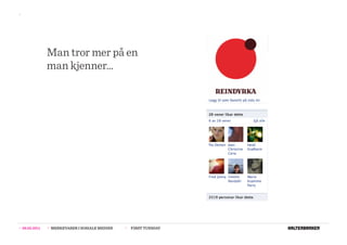 >>




                  Man tror mer på en
                  man kjenner...




>>   08.02.2011   >>   MERKEVARER I SOSIALE MEDIER   >>   FIRST TUESDAY
 