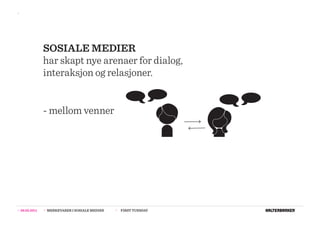 >>




                  SOSIALE MEDIER
                  har skapt nye arenaer for dialog,
                  interaksjon og relasjoner.


                  - mellom venner




>>   08.02.2011   >>   MERKEVARER I SOSIALE MEDIER   >>   FIRST TUESDAY
 
