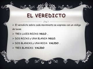  El veredicto sobre cada movimiento se expresa con un código
de luces.
 TRES LUCES ROJAS: NULO .
 DOS ROJAS y UNA BLANCA: NULO.
 DOS BLANCAS y UNA ROJA: VALIDO .
 TRES BLANCAS: VALIDO
 