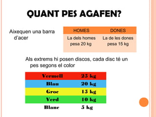 QUANT PES AGAFEN?
Aixequen una barra
d’acer
HOMES DONES
La dels homes
pesa 20 kg
La de les dones
pesa 15 kg
Als extrems hi posen discos, cada disc té un
pes segons el color
Vermell 25 kg
Blau 20 kg
Groc 15 kg
Verd 10 kg
Blanc 5 kg
 