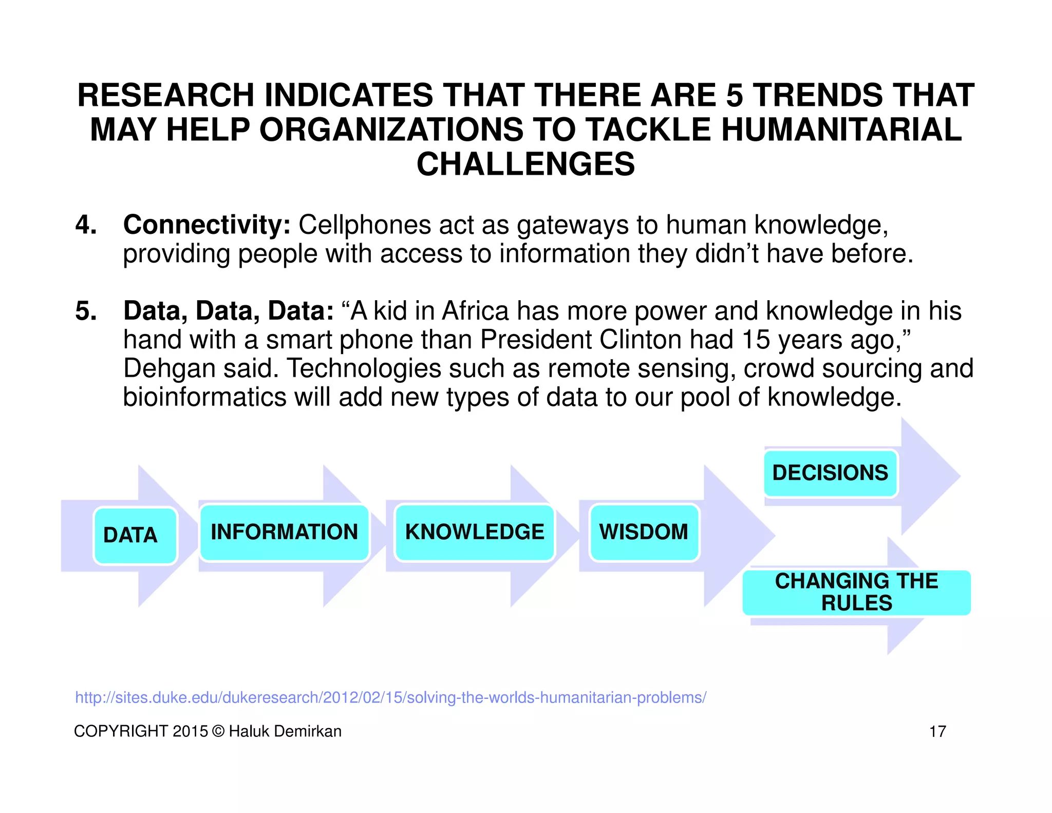 http://sites.duke.edu/dukeresearch/2012/02/15/solving-the-worlds-humanitarian-problems/
RESEARCH INDICATES THAT THERE ARE 5 TRENDS THAT
MAY HELP ORGANIZATIONS TO TACKLE HUMANITARIAL
CHALLENGES
4. Connectivity: Cellphones act as gateways to human knowledge,
providing people with access to information they didn’t have before.
5. Data, Data, Data: “A kid in Africa has more power and knowledge in his
hand with a smart phone than President Clinton had 15 years ago,”
Dehgan said. Technologies such as remote sensing, crowd sourcing and
bioinformatics will add new types of data to our pool of knowledge.
DATA INFORMATION KNOWLEDGE
DECISIONS
WISDOM
CHANGING THE
RULES
17COPYRIGHT 2015 © Haluk Demirkan
 