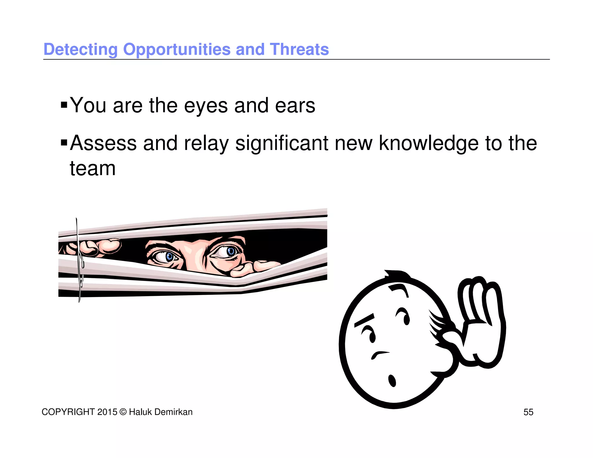 Detecting Opportunities and Threats
You are the eyes and ears
Assess and relay significant new knowledge to the
team
COPYRIGHT 2015 © Haluk Demirkan 55
 
