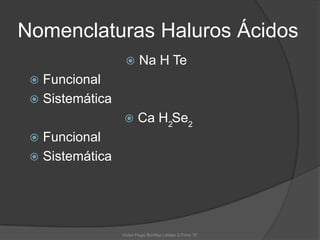 Nomenclaturas Haluros Ácidos
                        Na H Te
  Funcional
  Sistemática
                       Ca H2Se2
  Funcional
  Sistemática




                 Víctor Hugo Bonifaz Lindao 2 Fima "A"
 