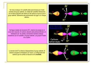 Se inicia el ataque. El nucleófilo debe aproximarse por el lado
contrario del grupo saliente. Un orbital del nucleófilo interacciona
con el lóbulo pequeño del orbital sp3 del carbono al que se une el
grupo saliente. Sólamente esta aproximaxión da lugar a un choque
efectivo.
Se llega al estado de transición (ET), máximo de energía en el
curso de la reacción. El carbono atacado está pentacoordinado, en
hibridación sp2. Su orbital p remanente mantiene enlaces
transitorios con el nucleófilo y el grupo saliente. Los grupos R están
en un plano.
La tensión del ET se libera al desprenderse el grupo saliente. El
carbono recupera la hibridación sp3 inicial. La configuración del
carbono que ha sufrido la reacción se ha invertido.
 