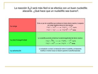 La reacción SN2 será más fácil si se efectúa con un buen nucleófilo
atacante. ¿Qué hace que un nucleófilo sea bueno?.
•La carga
Entre un par de nucleófilos que contienen el mismo átomo reactivo, la especie
con carga negativa neta es la más reactiva:
•La electronegatividad
La nucleofilia aumenta al disminuir la electronegatividad del átomo reactivo:
•La solvatación
La solvatación, es decir, la interacción entre el nucleófilo y el disolvente,
modifica e invierte incluso la relación aparente nucleofilia-basicidad.
 