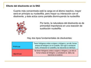 Cuanto más concentrada esté la carga en el átomo reactivo, mayor
será en principio su nucleofilia, pero mayor su interacción con el
disolvente, y éste actúa como pantalla disminuyendo la nucleofilia
Por tanto, la naturaleza del disolvente es de
primordial importancia en una reacción de
sustitución nucleófila.
Hay dos tipos fundamentales de disolventes:
•Próticos
Tienen hidrógenos unidos a oxígeno o nitrógeno y, por ello, forman
enlaces de hidrógeno con el nucleófilo. Dan lugar a solvatación
fuerte, enmascaran la nucleofilia y las reacciones se ralentizan.
•Aproticos
No tienen hidrógenos unidos a oxígeno o nitrógeno y, por ello,no
forman enlaces de hidrógeno. La solvatación es débil y las
reacciones se aceleran.
Efecto del disolvente en la SN2
 