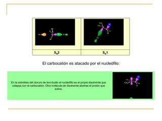SN2 SN1
El carbocatión es atacado por el nucleófilo:
En la solvolisis del cloruro de terc-butilo el nucleófilo es el propio disolvente que
colapsa con el carbocatión. Otra molécula de disolvente abstrae el protón que
sobra.
 