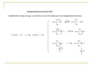 Halogenoalcanos terciarios SN1
Calentamiento a reflujo con agua. La reacción es mucho más rápida que en los halogenoalcanos primarios
 