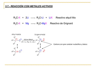 3.7.- REACCIÓN CON METALES ACTIVOS
R3C-X + 2Li ——> R3C-Li + LiX Reactivo alquil litio
R3C-X + Mg ——> R3C-MgX Reactivo de Grignard
Carbono con gran carácter nucleofílico y básico
 