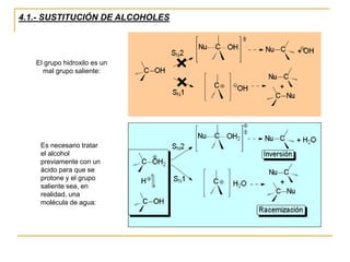 4.1.- SUSTITUCIÓN DE ALCOHOLES
El grupo hidroxilo es un
mal grupo saliente:
Es necesario tratar
el alcohol
previamente con un
ácido para que se
protone y el grupo
saliente sea, en
realidad, una
molécula de agua:
 