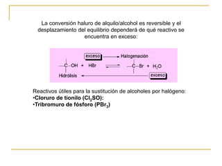La conversión haluro de alquilo/alcohol es reversible y el
desplazamiento del equilibrio dependerá de qué reactivo se
encuentra en exceso:
Reactivos útiles para la sustitución de alcoholes por halógeno:
•Cloruro de tionilo (Cl2SO):
•Tribromuro de fósforo (PBr3)
 