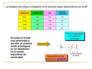 La fortaleza del enlace C-halógeno (C-X) decrece según descendemos en el SP
Halometano Longitud (Å) m(D)
Fortaleza
(kcal/mol)
CH3F 1.39 1.81 110
CH3Cl 1.78 1.86 85
CH3Br 1.93 1.78 71
CH3I 2.14 1.64 57
El enlace C-X está
muy polarizado y,
por ello, el carbono
unido al halógeno
en un haloalcano
es un punto
importante de
reactividad
 